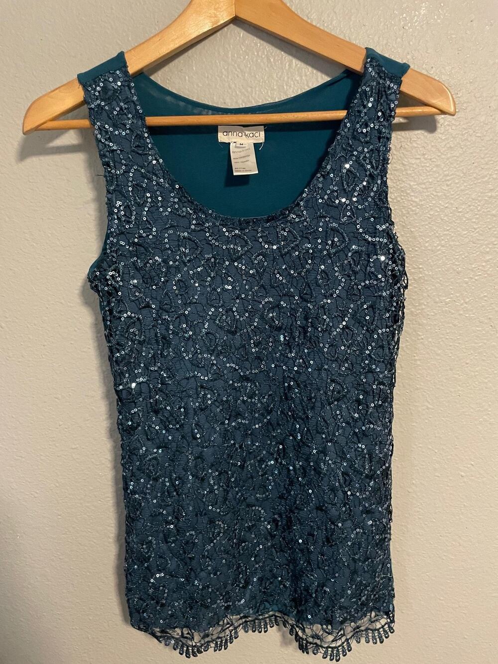 Anna Kaci Womens Tank Top Medium Teal Blue Sequin Floral Embroidered Party Fairy